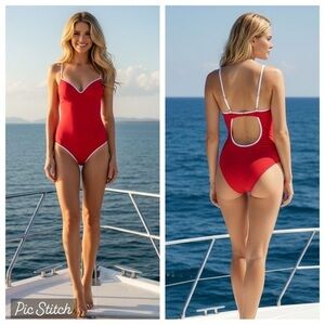 SHADE & SHORE Red w White Trim One Piece Swimsuit Bathing Suit Cutout Back NWT